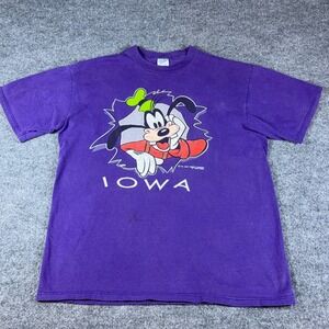 Vintage Velva Sheen Disney Goofy Iowa T Shirt Purple Large Made in USA 90s Stain
